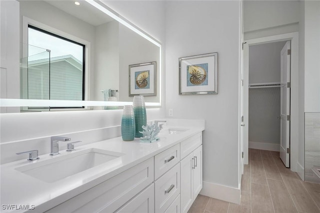 bathroom featuring double vanity, a spacious closet, baseboards, and a sink