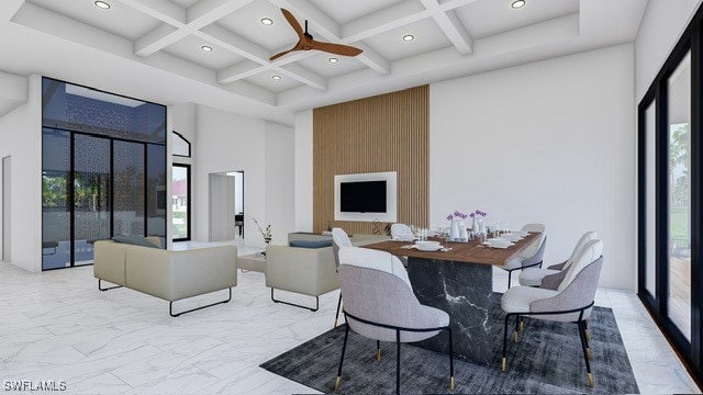 tiled dining space featuring ceiling fan, beam ceiling, coffered ceiling, and a high ceiling