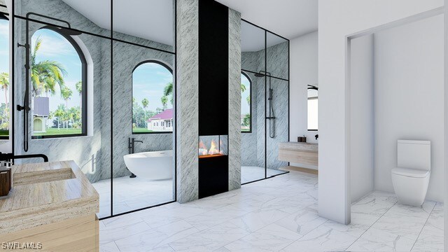 interior space featuring tile patterned flooring, tile walls, toilet, and shower with separate bathtub