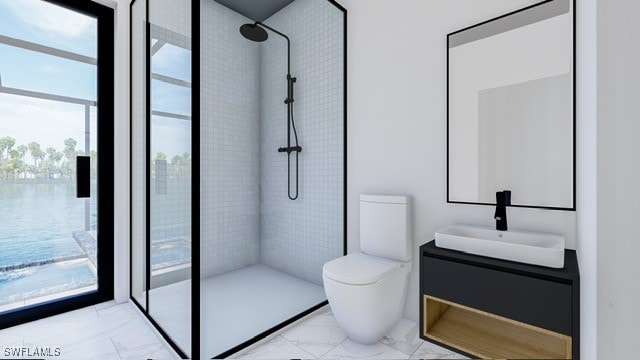 bathroom with vanity, tile patterned flooring, a tile shower, a water view, and toilet