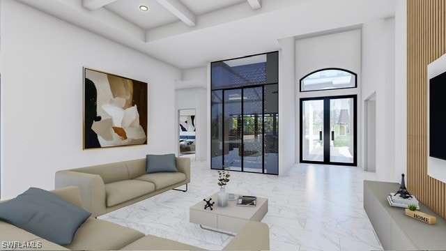 living room featuring a high ceiling, light tile patterned floors, beamed ceiling, and french doors