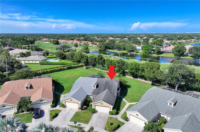 aerial view featuring a water view