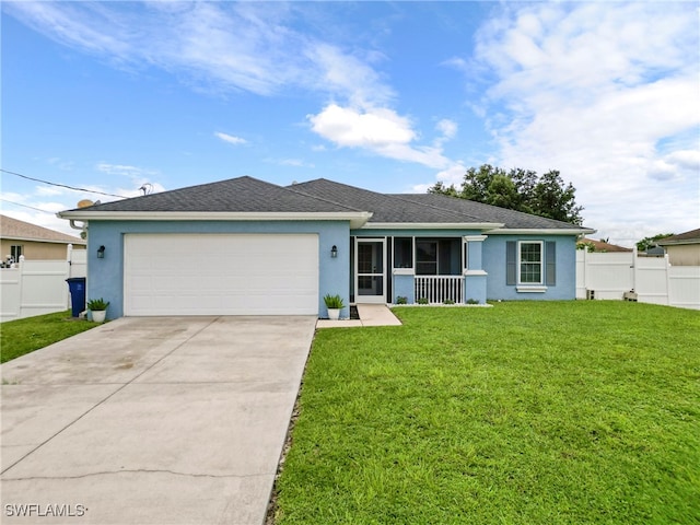 ranch-style house featuring a front lawn, a sunroom, and a garage