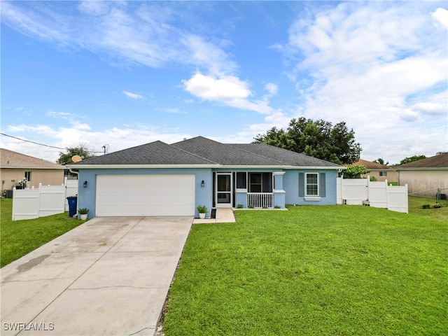 ranch-style home featuring a front lawn and a garage