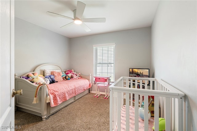 carpeted bedroom with ceiling fan