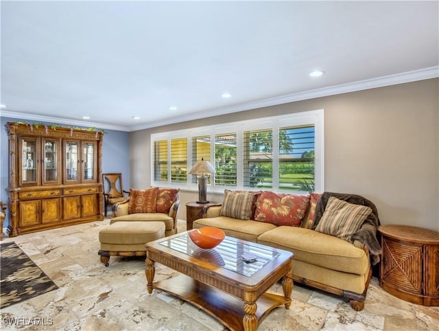 living room featuring crown molding