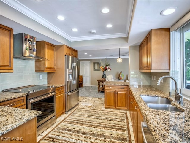 kitchen featuring appliances with stainless steel finishes, pendant lighting, sink, a raised ceiling, and wall chimney exhaust hood