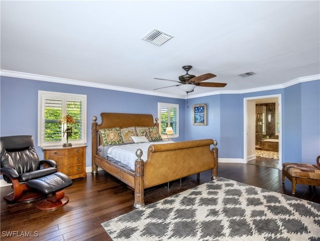 bedroom featuring multiple windows, dark hardwood / wood-style flooring, ornamental molding, and ceiling fan