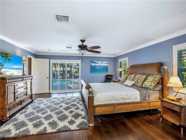 bedroom with crown molding, dark wood-type flooring, access to outside, and ceiling fan