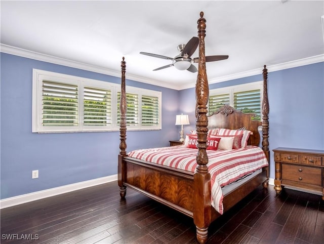 bedroom featuring crown molding, dark wood-type flooring, and ceiling fan