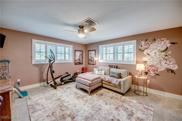 living room featuring ceiling fan