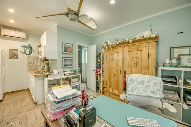 miscellaneous room with sink, ornamental molding, light parquet flooring, ceiling fan, and a wall unit AC