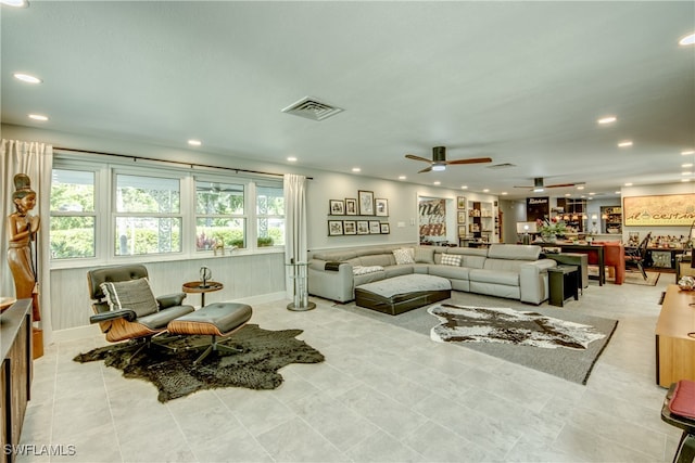 living room with ceiling fan