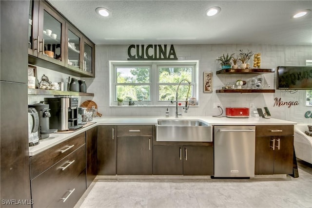 1862 Linhart Ave, Fort Myers, FL 33901 - kitchen featuring open shelves, dark brown cabinets, stainless steel dishwasher, and a sink