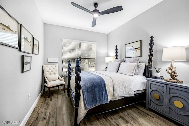 bedroom with hardwood / wood-style flooring and ceiling fan