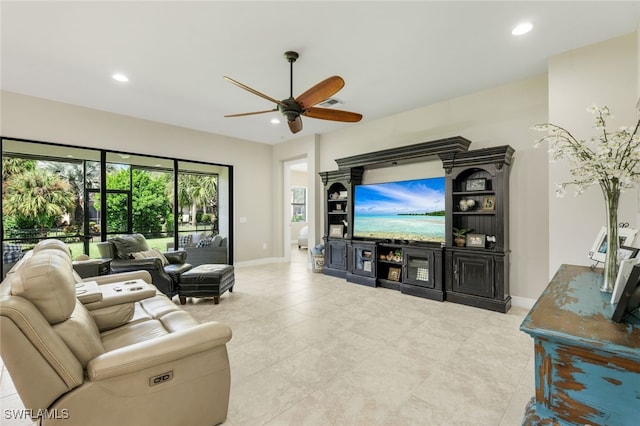 living room with ceiling fan