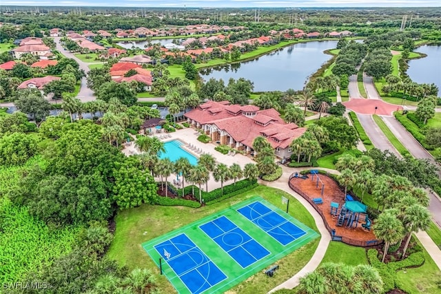 aerial view featuring a water view