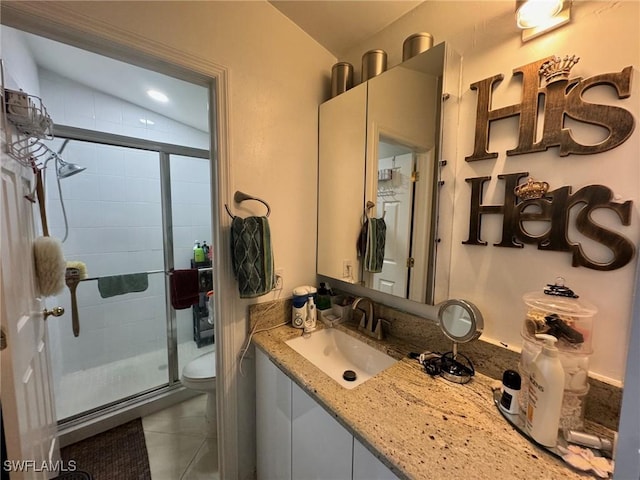 bathroom with walk in shower, vanity, toilet, and tile patterned flooring