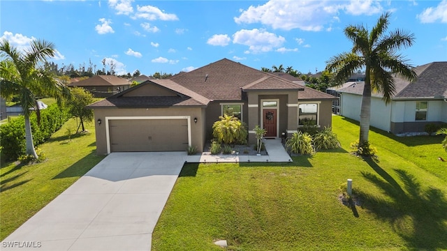 1233 SW 18th Ct, Cape Coral, FL 33991 - view of front of property with stucco siding, concrete driveway, a garage, a front yard, and a shingled roof