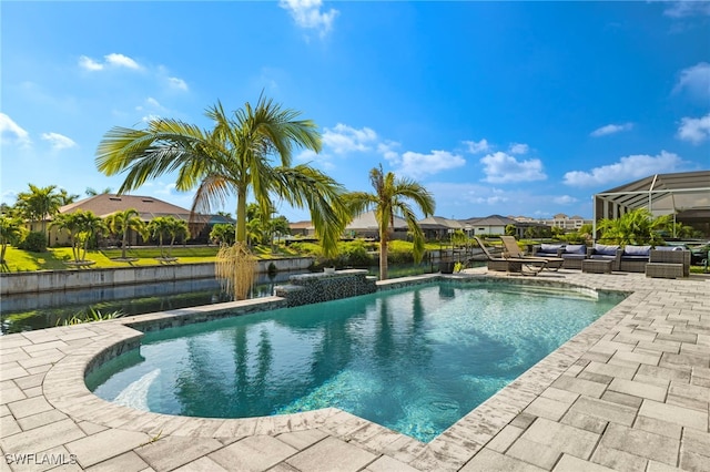 1233 SW 18th Ct, Cape Coral, FL 33991 - outdoor pool featuring an outdoor living space, a patio, and a residential view