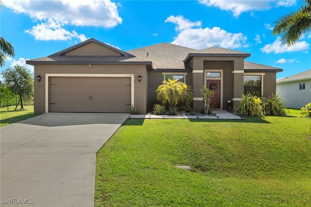 view of front of property with an attached garage, a shingled roof, driveway, stucco siding, and a front yard