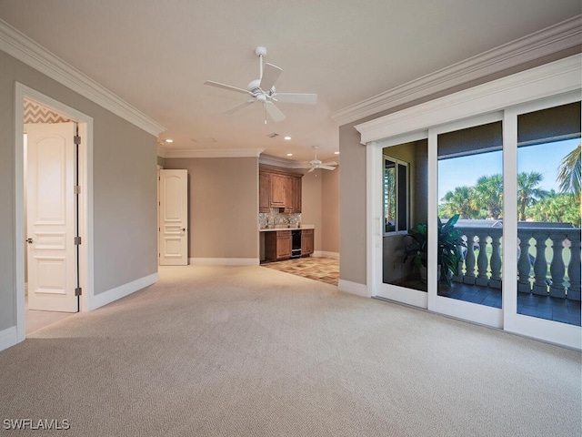 2835 Silverleaf Ln, Naples, FL 34105 - unfurnished living room featuring a ceiling fan, light colored carpet, crown molding, recessed lighting, and beverage cooler