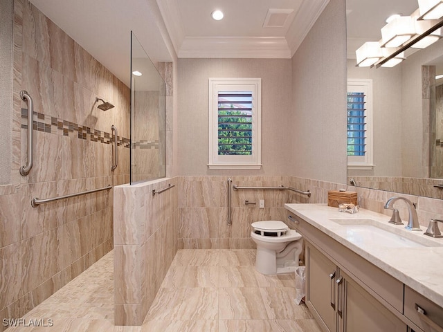 2835 Silverleaf Ln, Naples, FL 34105 - full bath featuring ornamental molding, vanity, a walk in shower, tile walls, and a wainscoted wall