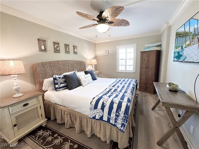 bedroom with ceiling fan, multiple windows, light hardwood / wood-style floors, and access to exterior