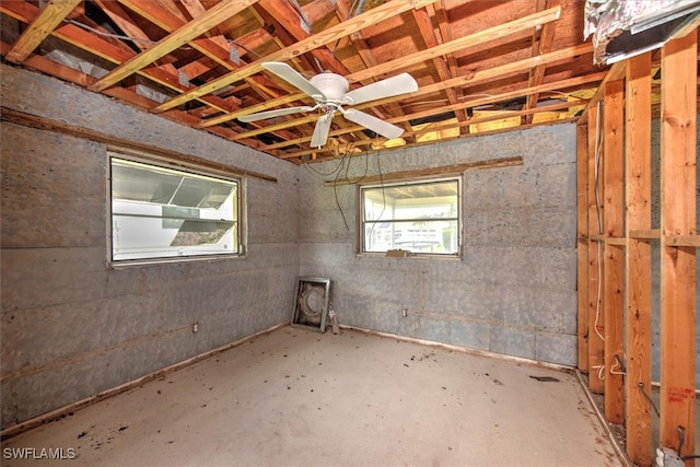 basement featuring ceiling fan