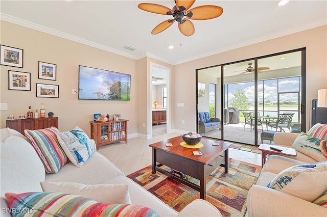 living room featuring light tile patterned flooring, ornamental molding, and ceiling fan