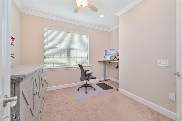 carpeted office space with ceiling fan and ornamental molding