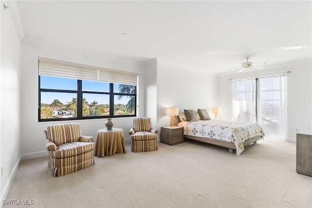 bedroom with multiple windows, carpet, and crown molding