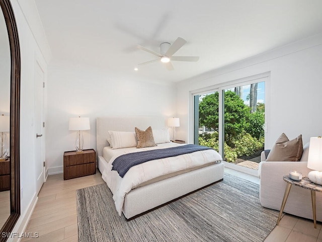 bedroom with ceiling fan, access to outside, and light wood-type flooring