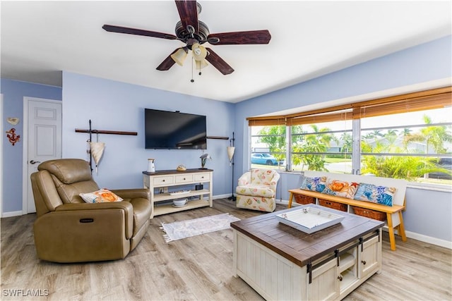 living room featuring ceiling fan and light hardwood / wood-style floors