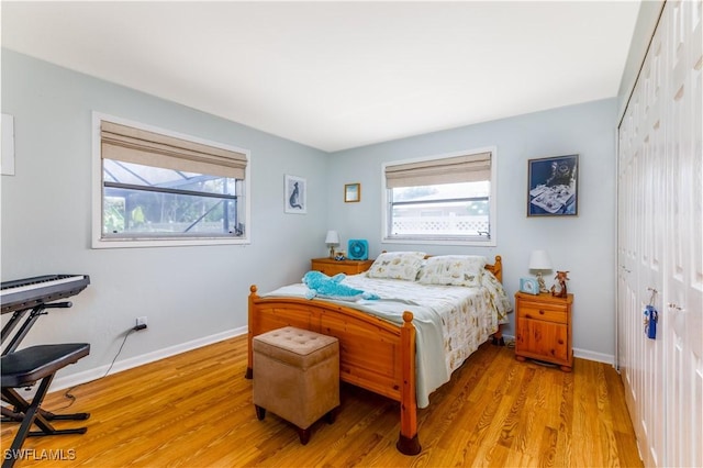 bedroom featuring multiple windows, light hardwood / wood-style floors, and a closet