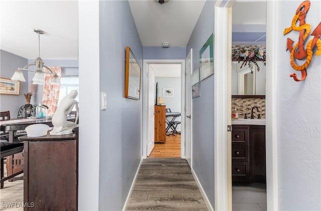 hall featuring sink and dark wood-type flooring