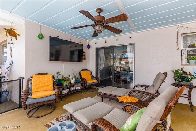 view of patio featuring ceiling fan and an outdoor hangout area