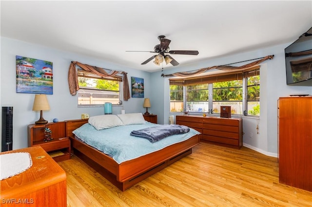 bedroom with ceiling fan and light wood-type flooring