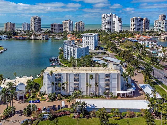 aerial view featuring a water view