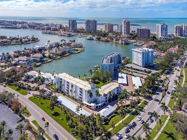 bird's eye view with a water view