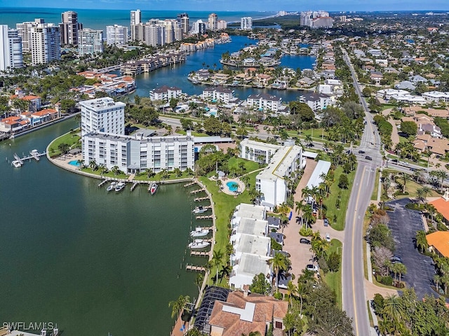 drone / aerial view featuring a water view