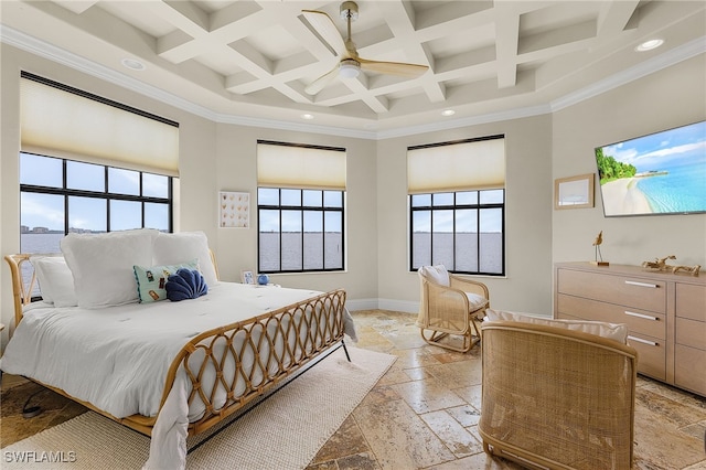 614 Coral Dr, Cape Coral, FL 33904 - bedroom with baseboards, a high ceiling, stone tile flooring, ornamental molding, and coffered ceiling