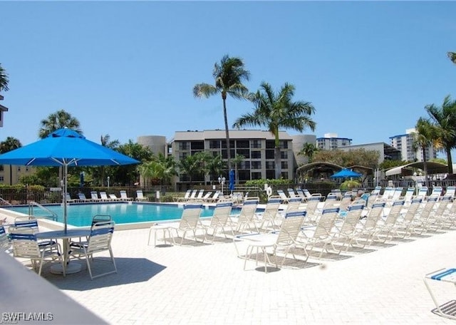 view of swimming pool featuring a patio area