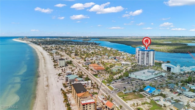 aerial view featuring a beach view and a water view