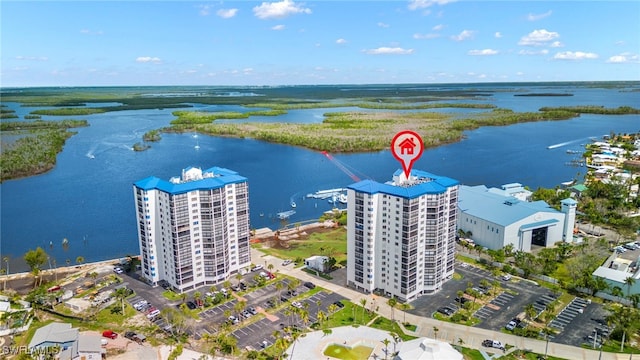 drone / aerial view with a water view