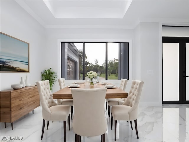 dining room with a tray ceiling