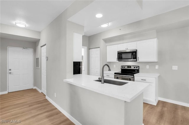 kitchen featuring stainless steel appliances, a peninsula, a sink, light wood-style floors, and white cabinets