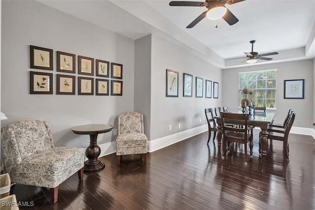 dining area with a tray ceiling, ceiling fan, and wood-type flooring