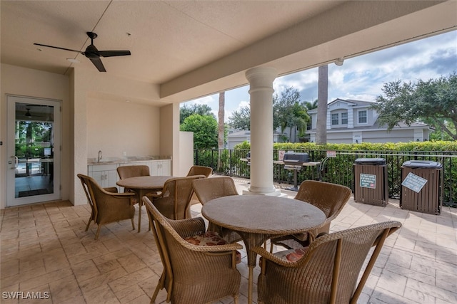 view of patio / terrace featuring ceiling fan and sink