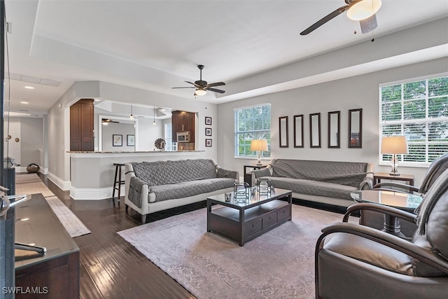 living room featuring ceiling fan, dark hardwood / wood-style floors, plenty of natural light, and a raised ceiling